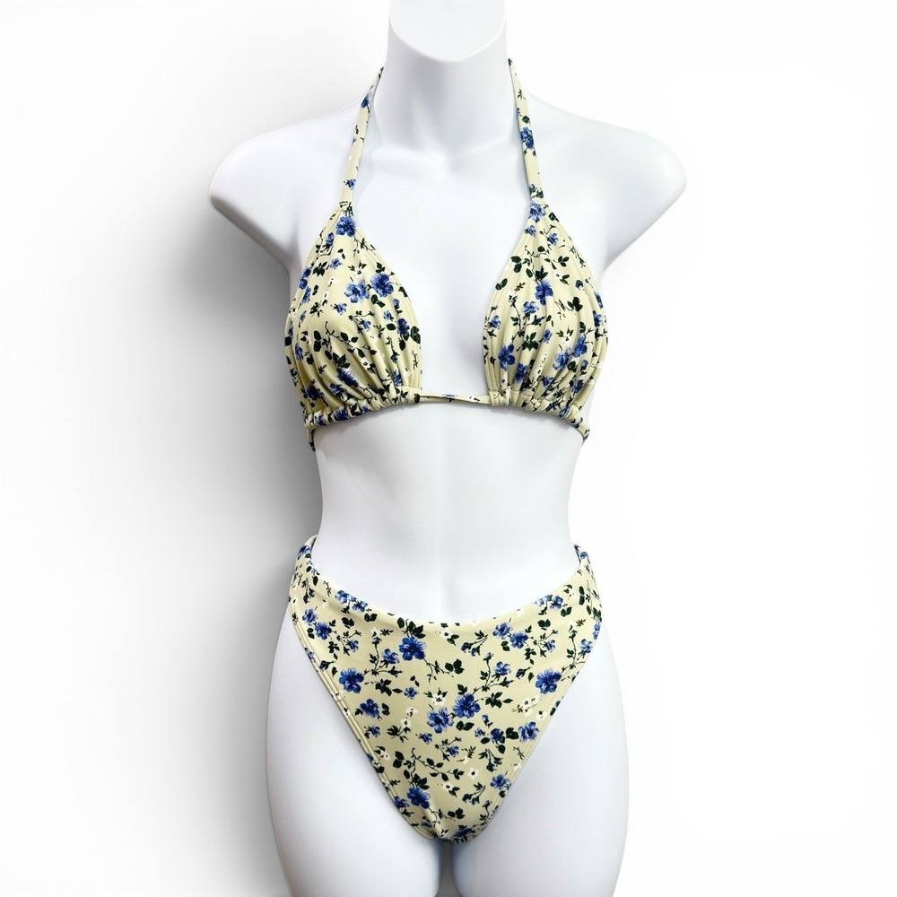 Abercrombie & Fitch Floral Print Bikini String Top & Bottom Set Sz S Green Blue